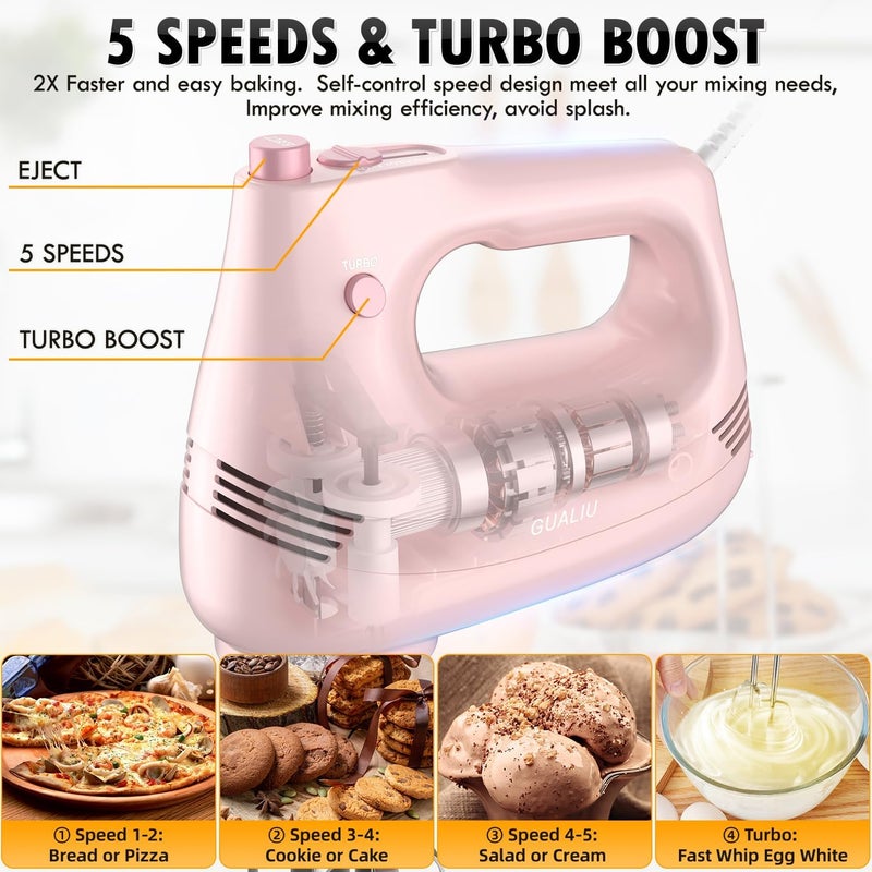 GUALIU Electric Hand Mixer with Stainless Steel Whisk, Dough Hook Attachment and Storage Bag, Handheld Mixer for Baking Cakes, Eggs, Cream Food Mixers. Turbo Boost /5 Speed Kitchen Blender PINK - Image 4